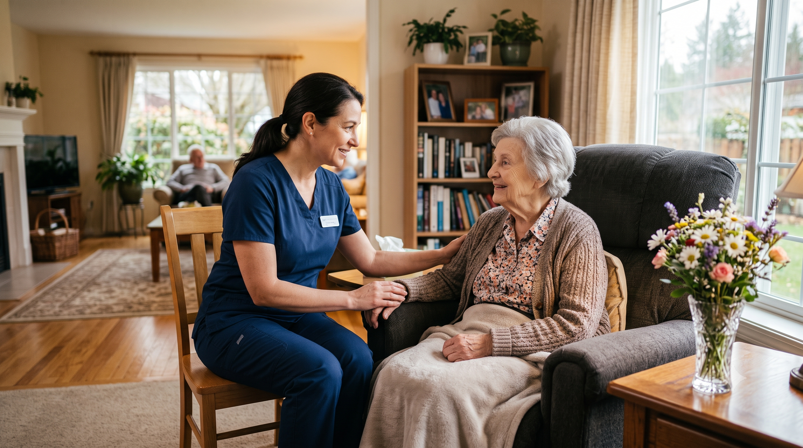 Caregiver and senior sharing a laugh